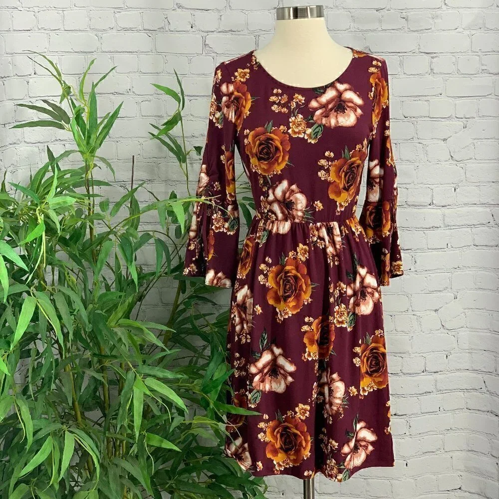 Gilli Maroon w/ Orange & Dusty Pink Floral Dress - Picture 1 of 8